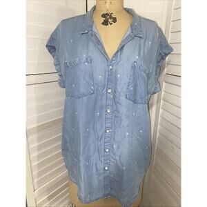 Jachs Girlfriend Chambray Blue Palm Tree Print Button Up Shirt Womens Size Large